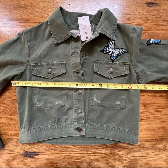 ⭐️ NWT Philosophy Olive Army Green Embroidered Butterfly Cropped Patch Jacket XS