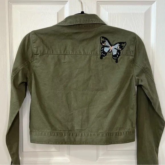 ⭐️ NWT Philosophy Olive Army Green Embroidered Butterfly Cropped Patch Jacket XS