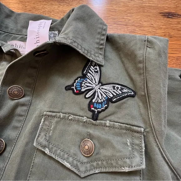 ⭐️ NWT Philosophy Olive Army Green Embroidered Butterfly Cropped Patch Jacket XS