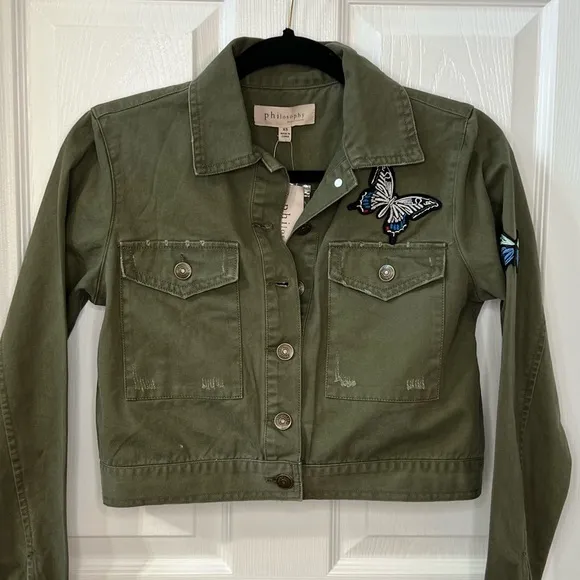 ⭐️ NWT Philosophy Olive Army Green Embroidered Butterfly Cropped Patch Jacket XS