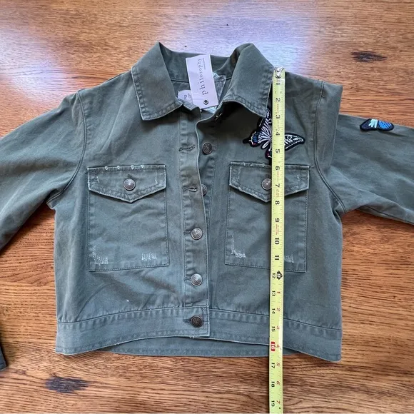 ⭐️ NWT Philosophy Olive Army Green Embroidered Butterfly Cropped Patch Jacket XS