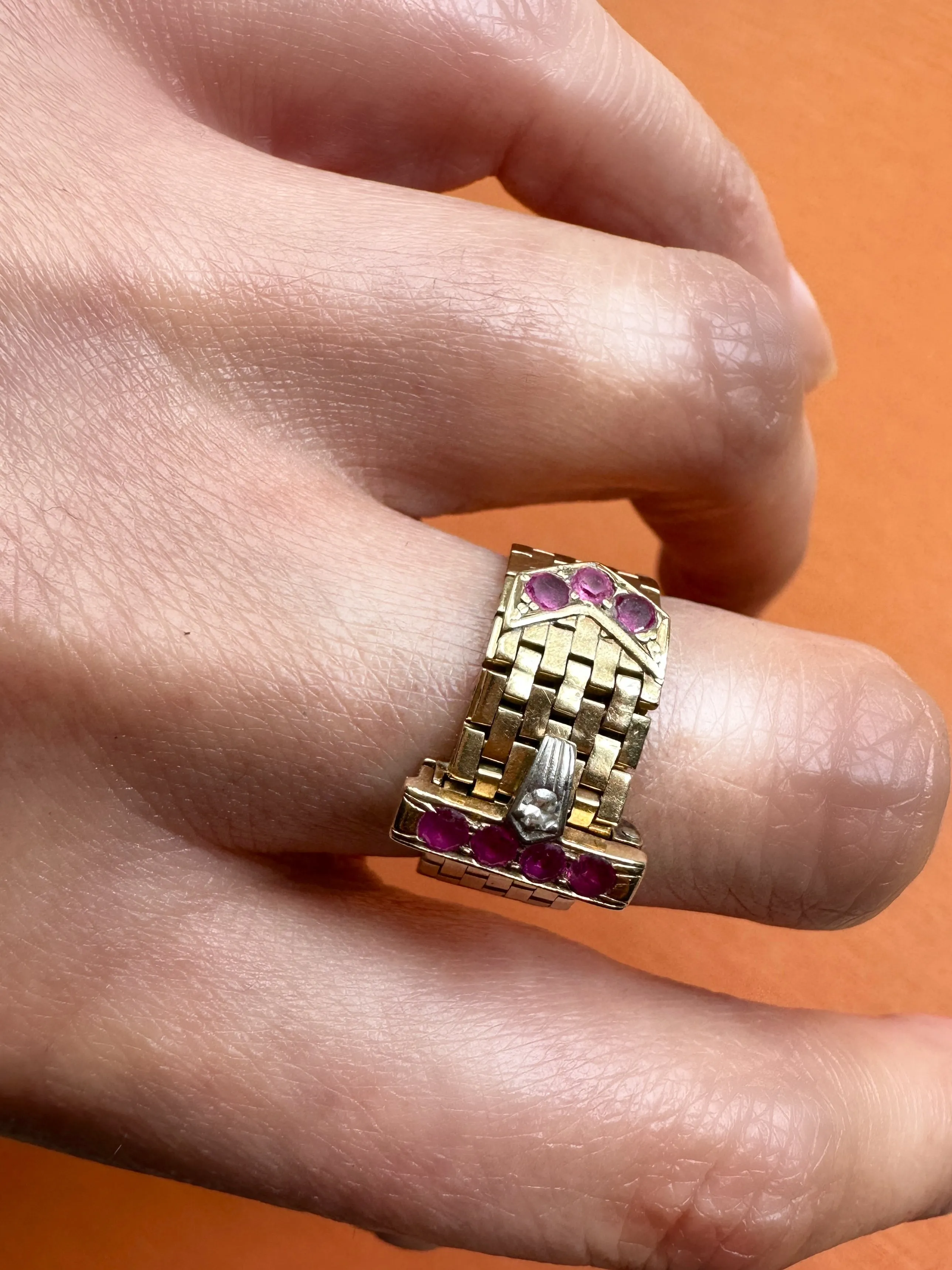 14k Gold Ruby & Diamond Adjustable Buckle Belt Ring