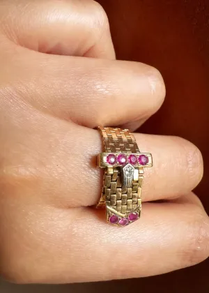 14k Gold Ruby & Diamond Adjustable Buckle Belt Ring