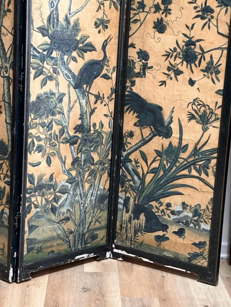 18th Century Chinese Hand-Painted Wallpaper Four-Panel Screen
