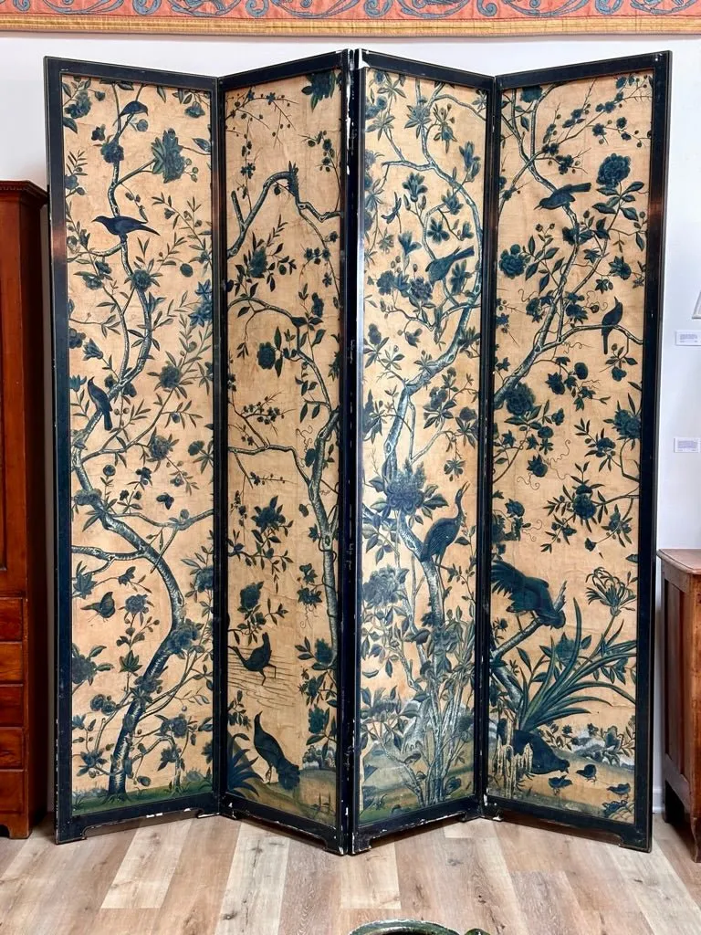 18th Century Chinese Hand-Painted Wallpaper Four-Panel Screen