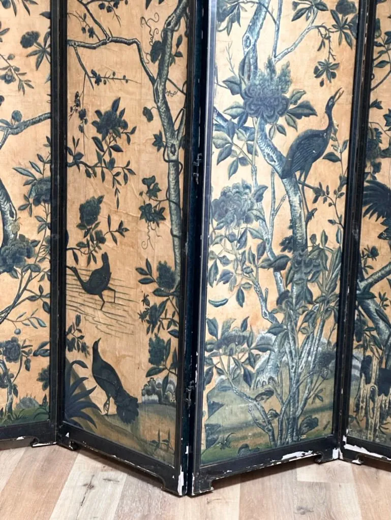 18th Century Chinese Hand-Painted Wallpaper Four-Panel Screen