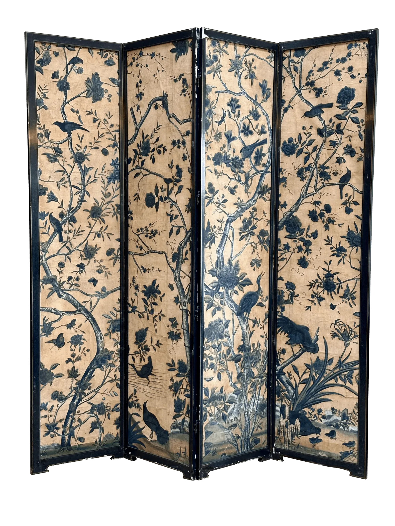 18th Century Chinese Hand-Painted Wallpaper Four-Panel Screen