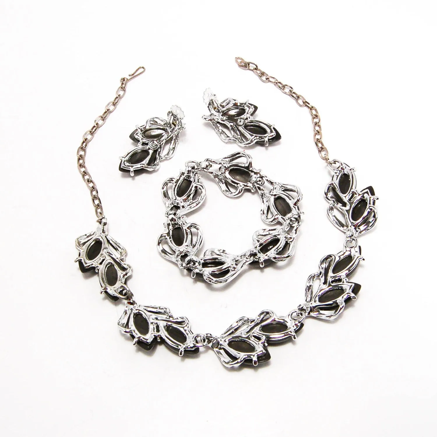 1960's Thermoset Silver and Grey Necklace Earrings and Bracelet Set