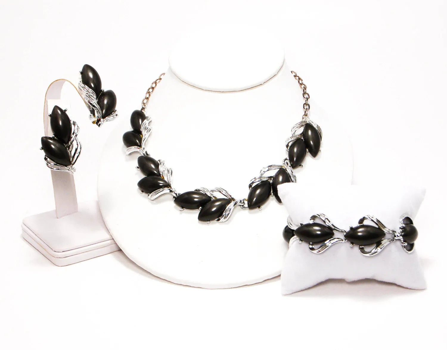 1960's Thermoset Silver and Grey Necklace Earrings and Bracelet Set