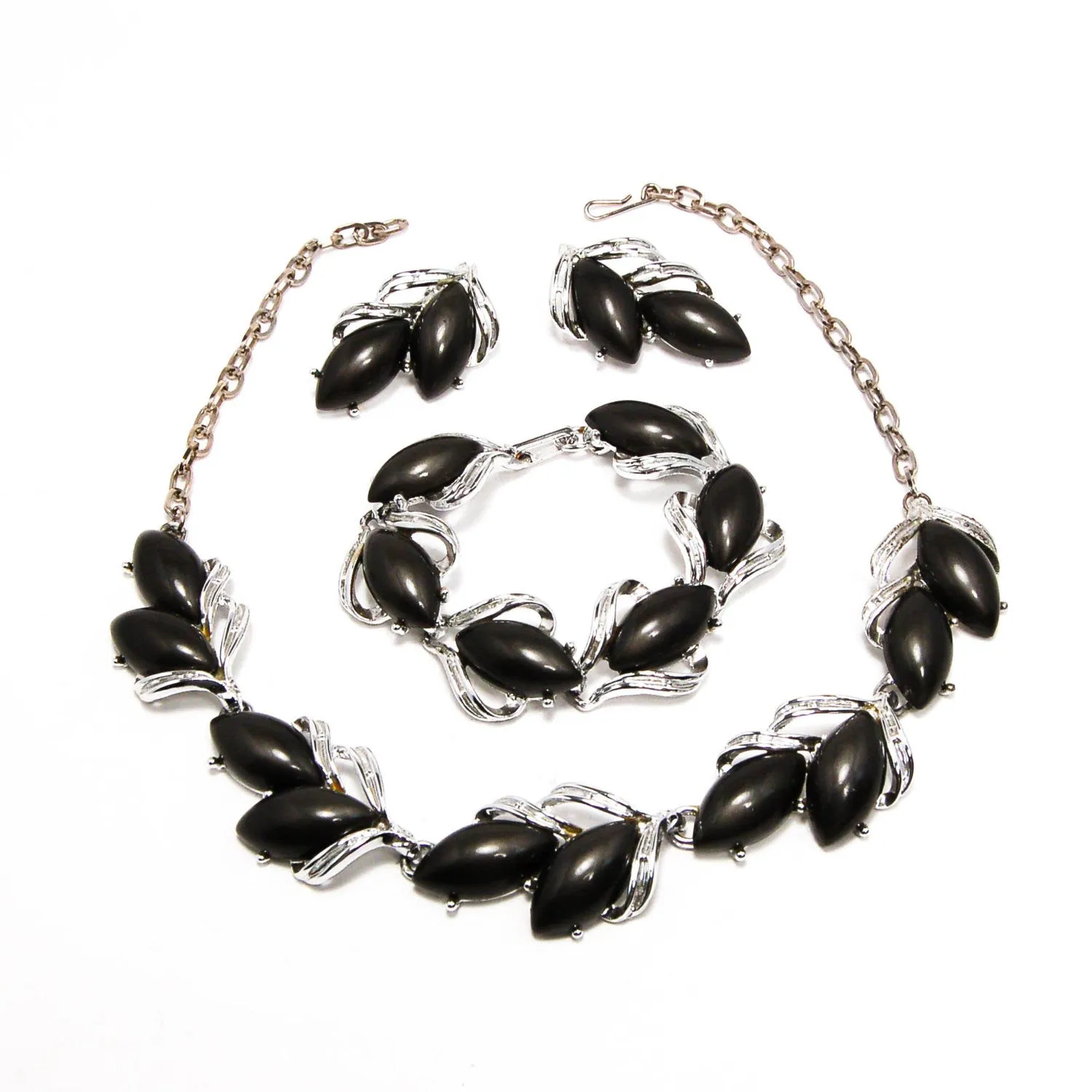 1960's Thermoset Silver and Grey Necklace Earrings and Bracelet Set