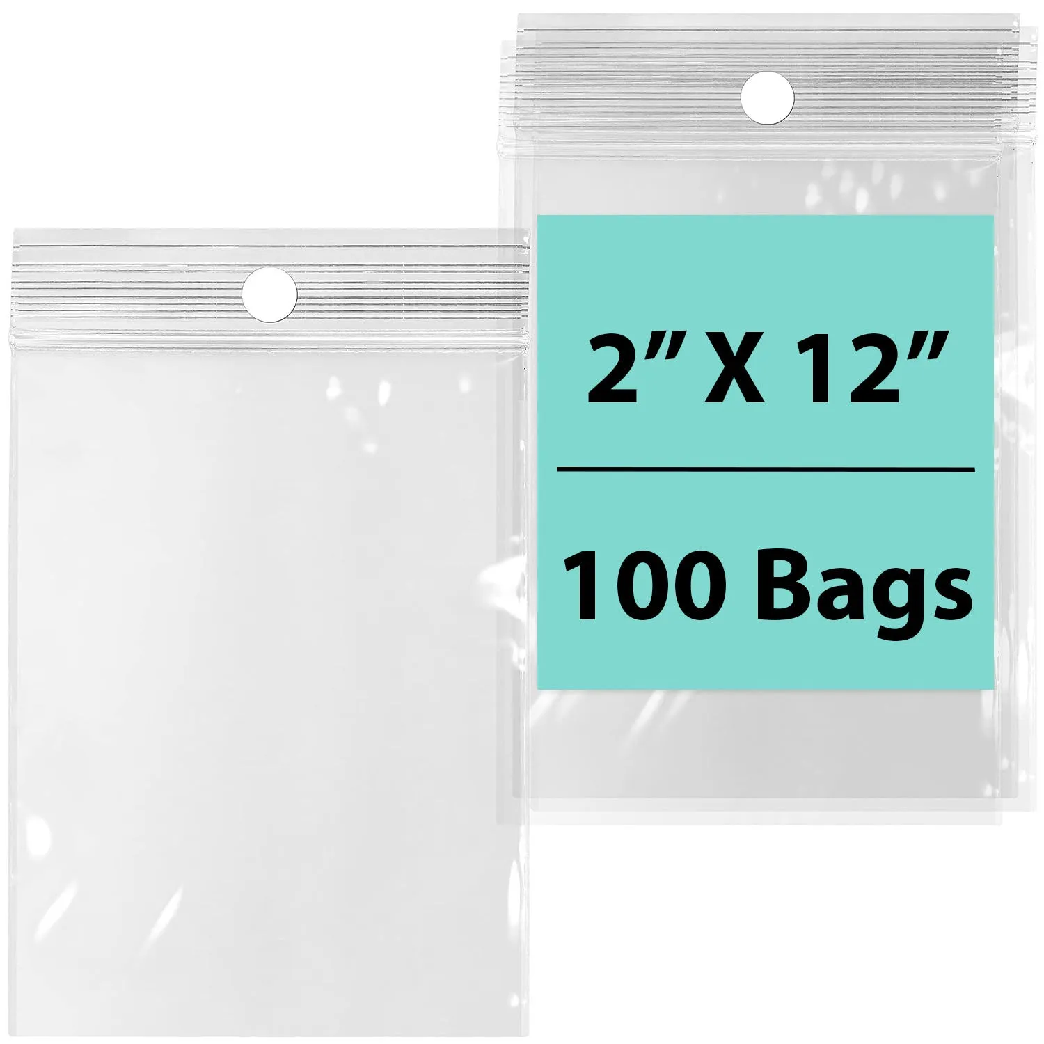 2X12 inches Reclosable Poly Bags with Hang Hole 2 Mil (LDPE) Single Track Zipper