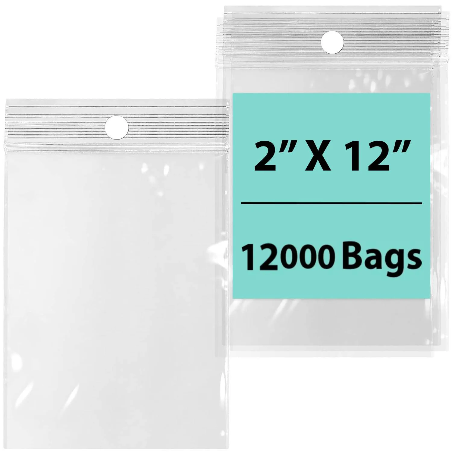 2X12 inches Reclosable Poly Bags with Hang Hole 2 Mil (LDPE) Single Track Zipper