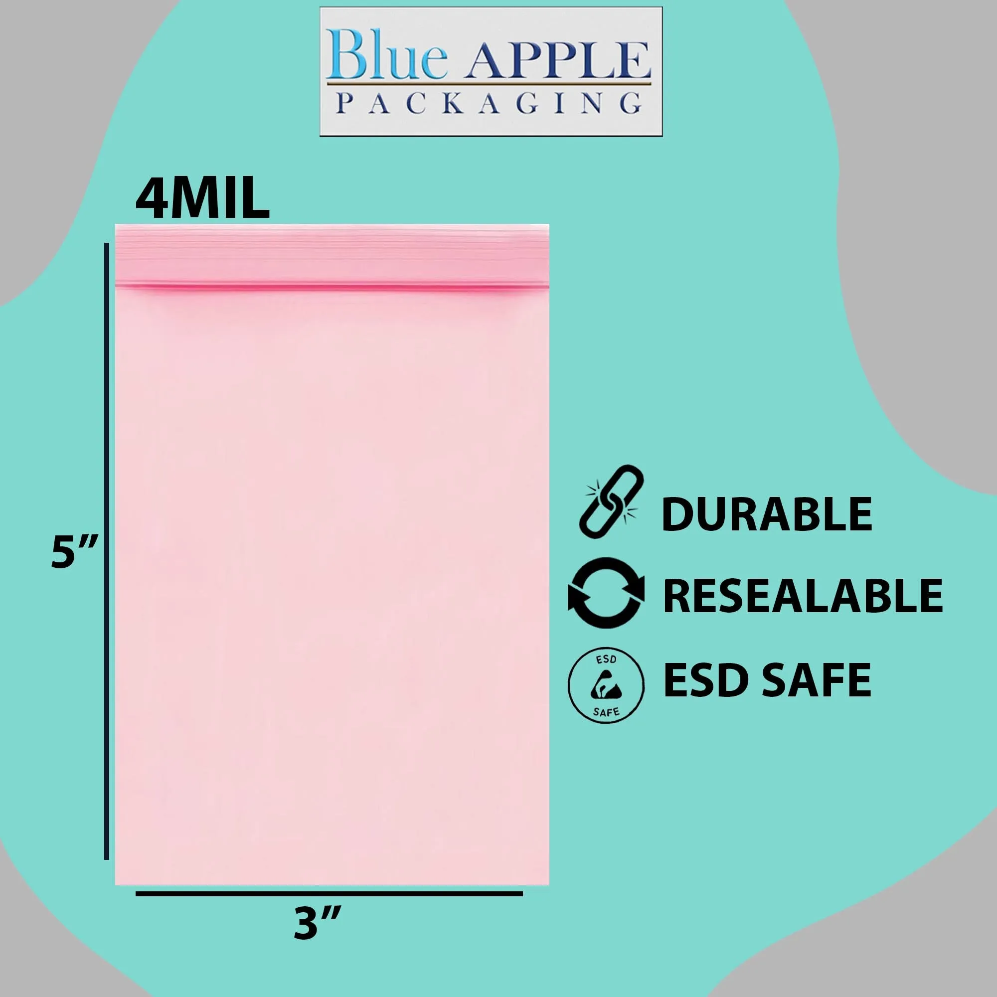 3X5 inches Pink Anti Static Zip Lock Bags 4 Mil