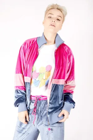 Adrian Schachter Pink and Grey Velvet Tracksuit Jacket