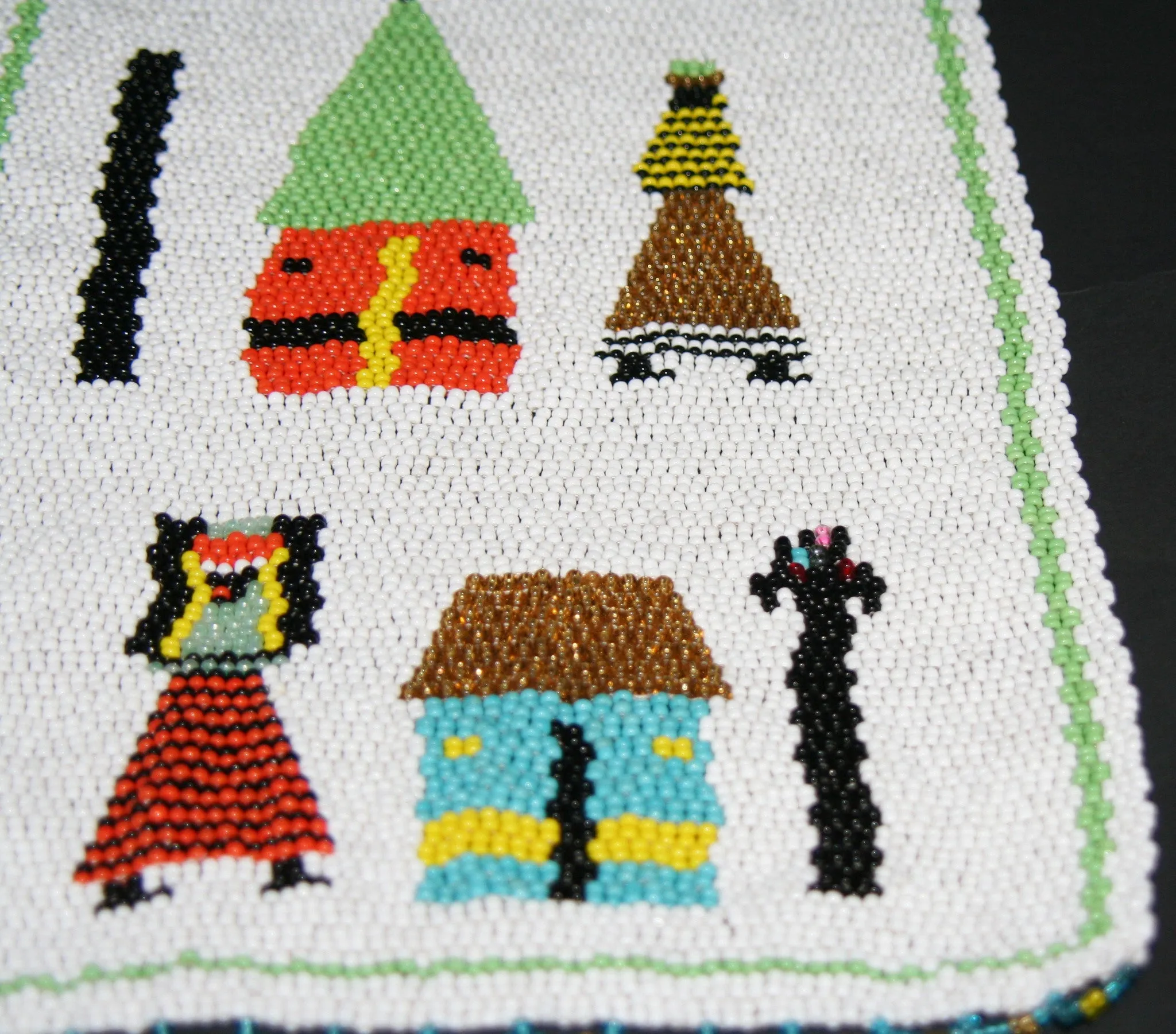 African Beaded Picture Mat Tribal Art White Green 12" H X 8.5" W  Woven South Africa