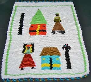 African Beaded Picture Mat Tribal Art White Green 12" H X 8.5" W  Woven South Africa