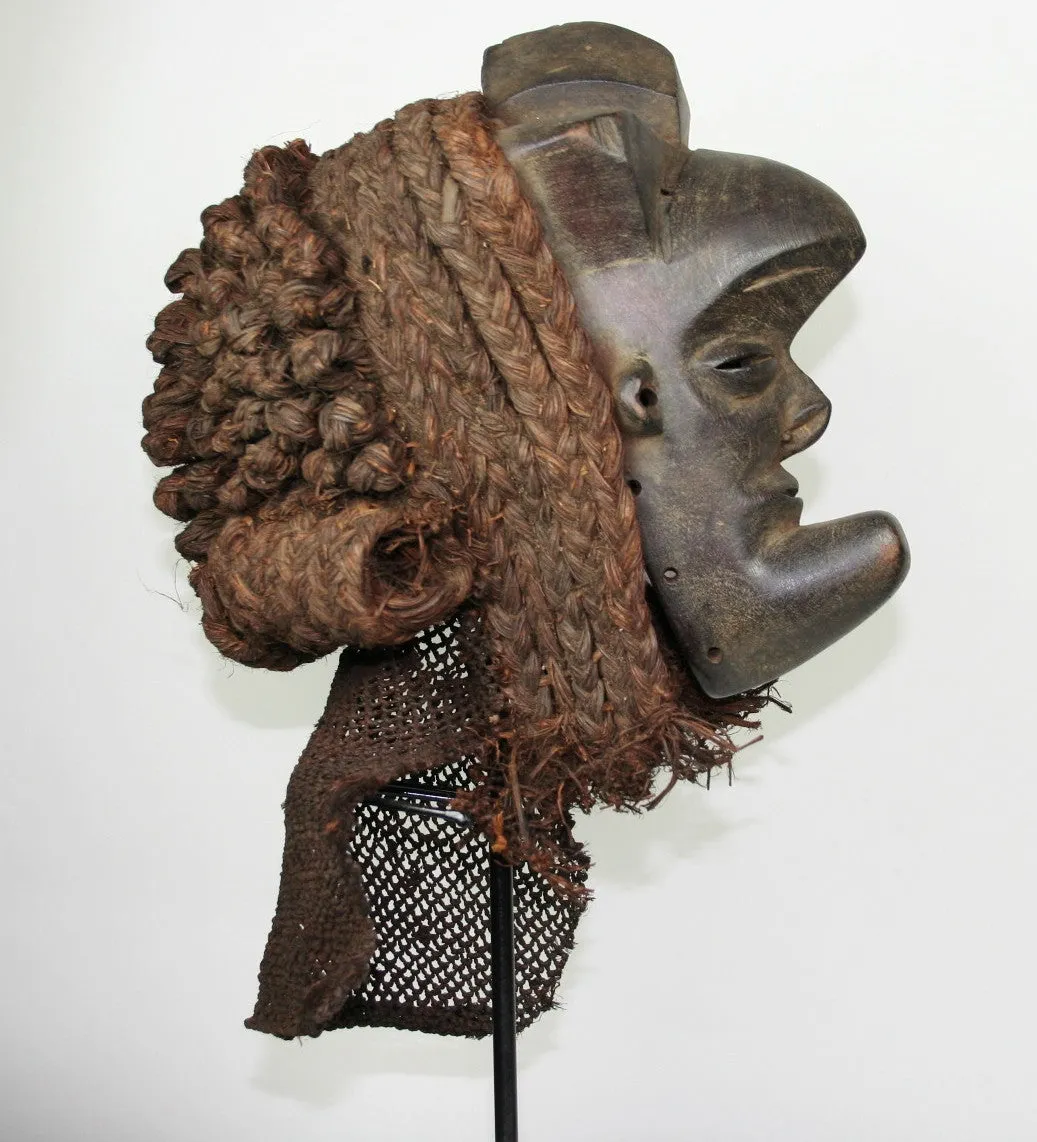 African Helmet Mask Antique Wood Raffia Textile Collectible