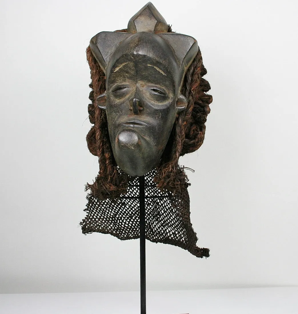 African Helmet Mask Antique Wood Raffia Textile Collectible