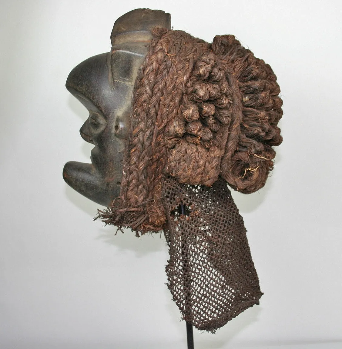 African Helmet Mask Antique Wood Raffia Textile Collectible