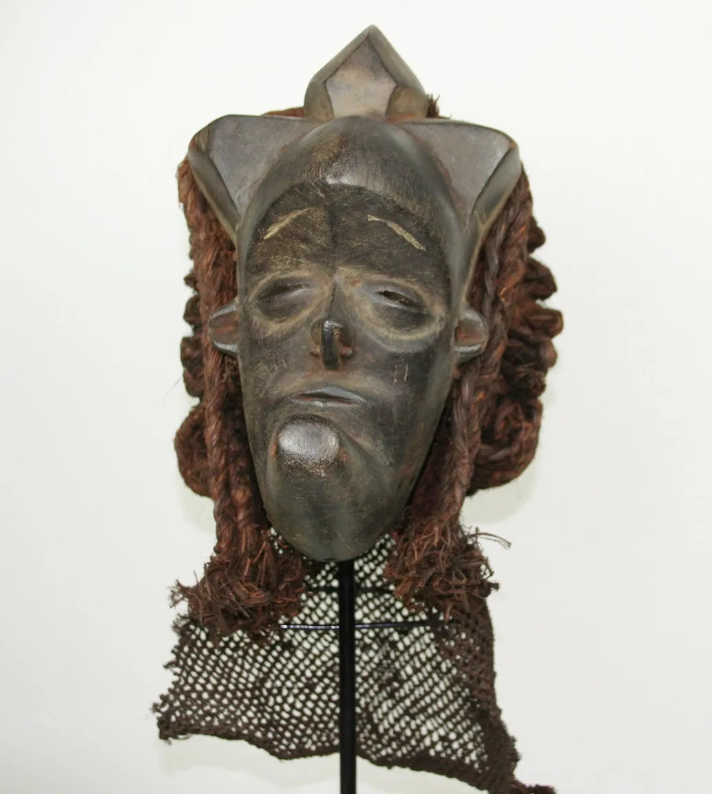 African Helmet Mask Antique Wood Raffia Textile Collectible