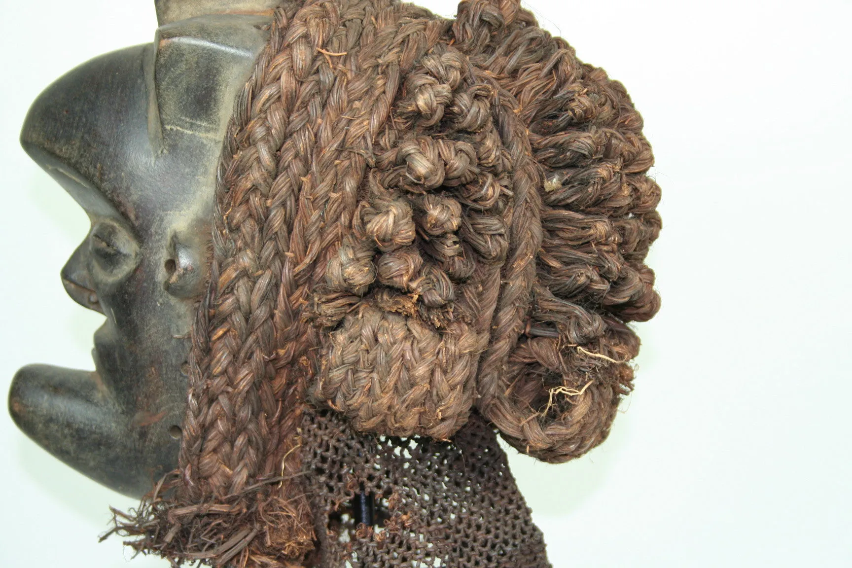 African Helmet Mask Antique Wood Raffia Textile Collectible