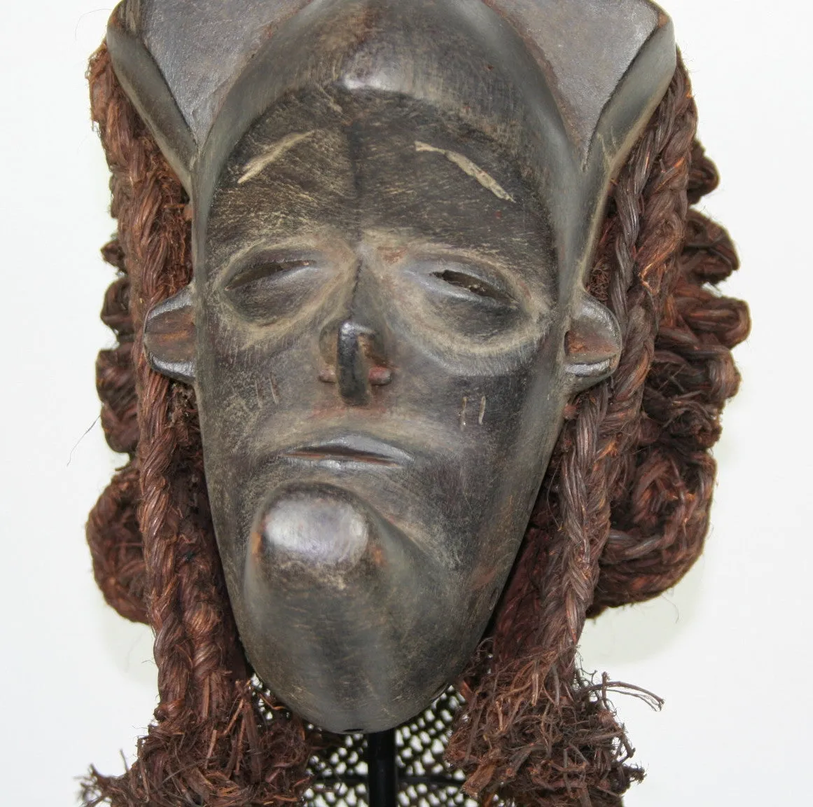 African Helmet Mask Antique Wood Raffia Textile Collectible