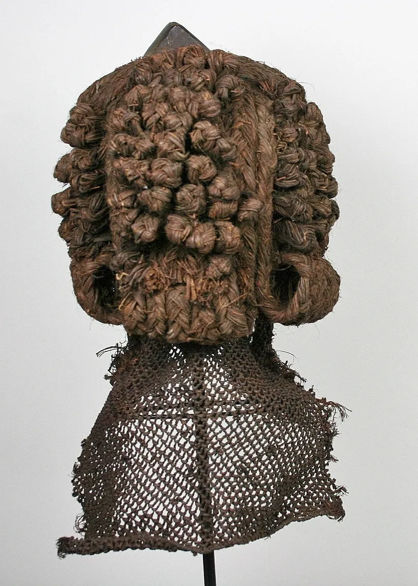 African Helmet Mask Antique Wood Raffia Textile Collectible