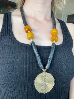 African Necklace with Four Amber Beads and Bronze Centerpiece