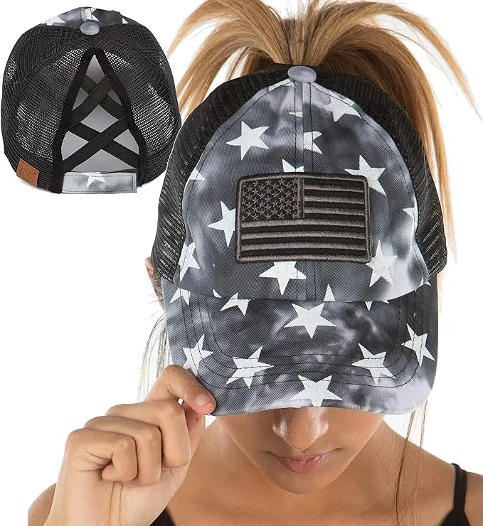 American Flag Criss Cross Ponytail Hat by Funky Junque