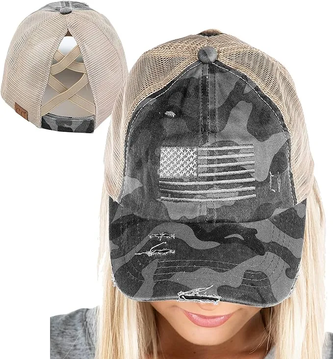 American Flag Criss Cross Ponytail Hat by Funky Junque