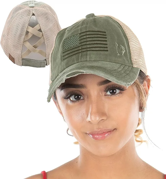 American Flag Criss Cross Ponytail Hat by Funky Junque
