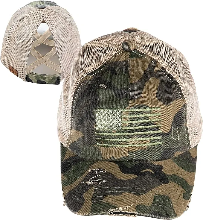 American Flag Criss Cross Ponytail Hat by Funky Junque