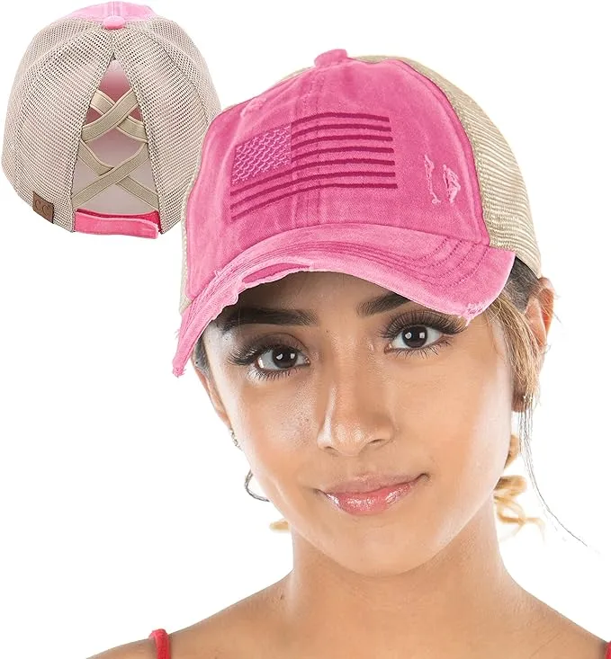 American Flag Criss Cross Ponytail Hat by Funky Junque