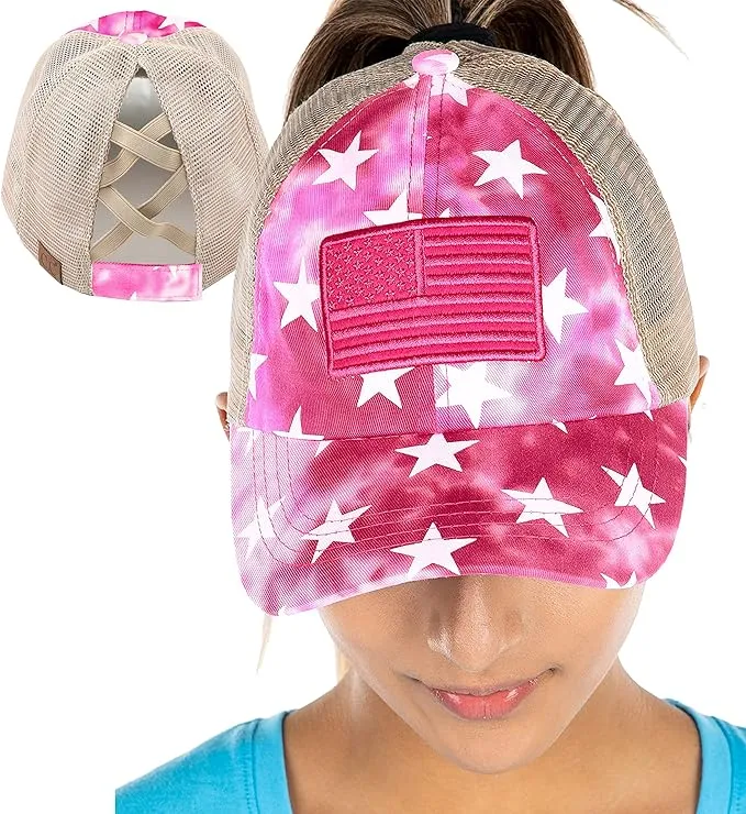 American Flag Criss Cross Ponytail Hat by Funky Junque