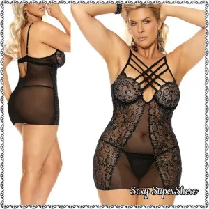 🆕🖤&quot;Noir&quot; Strappy Black and Silver Lingerie Babydoll Set -PLUS SIZE LISTING!