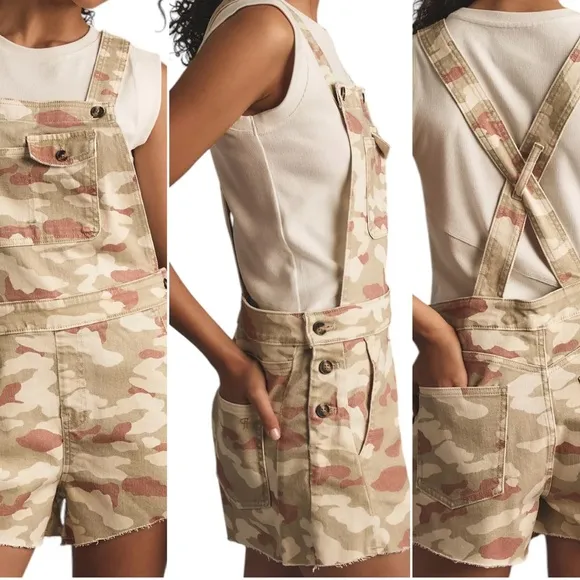 Anthropologie Pilcro Camouflage Camo Flirty Dungaree Overalls Romper Size XS