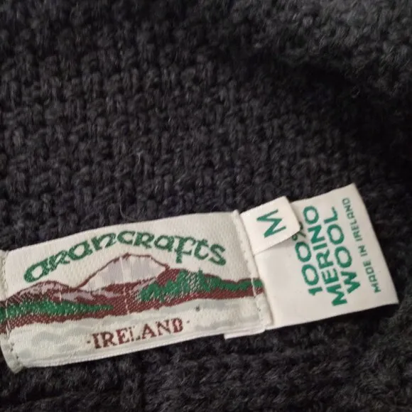 Aran Crafts Cardigan Sweater 100% Merino Wool Gray Cable Knit Heavy Medium Women
