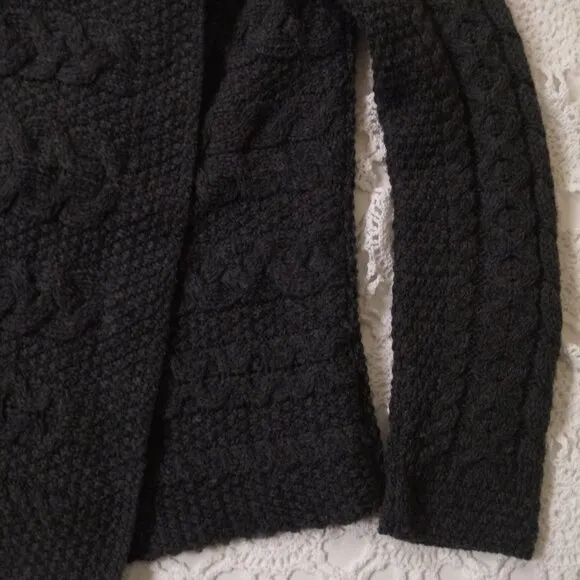 Aran Crafts Cardigan Sweater 100% Merino Wool Gray Cable Knit Heavy Medium Women