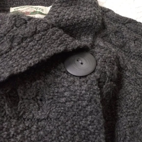 Aran Crafts Cardigan Sweater 100% Merino Wool Gray Cable Knit Heavy Medium Women