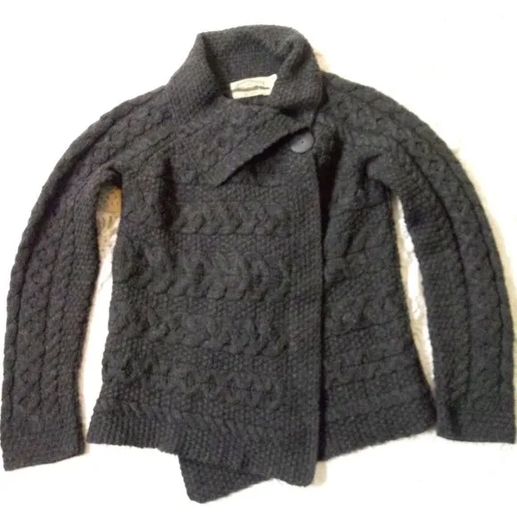Aran Crafts Cardigan Sweater 100% Merino Wool Gray Cable Knit Heavy Medium Women