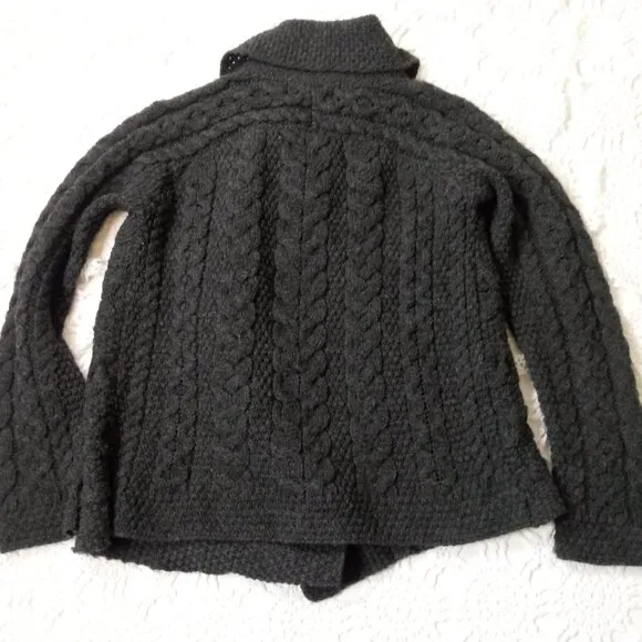 Aran Crafts Cardigan Sweater 100% Merino Wool Gray Cable Knit Heavy Medium Women