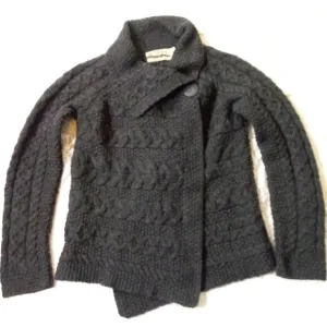 Aran Crafts Cardigan Sweater 100% Merino Wool Gray Cable Knit Heavy Medium Women
