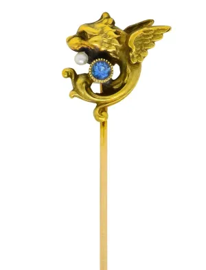Art Nouveau Sapphire Seed Pearl 14 Karat Gold Winged Griffin Stickpin