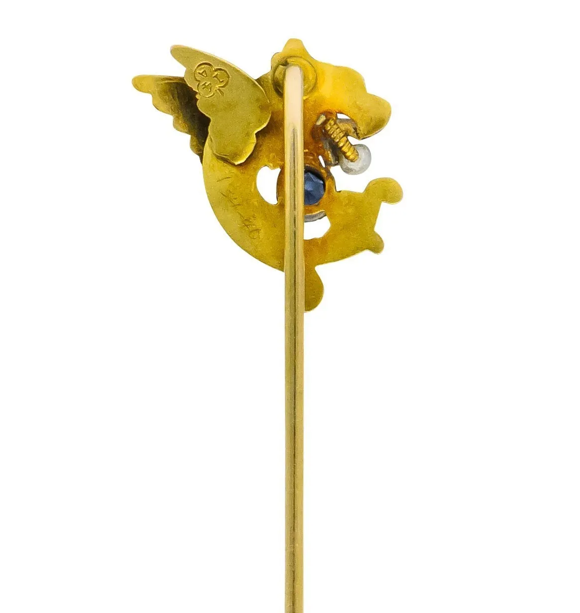 Art Nouveau Sapphire Seed Pearl 14 Karat Gold Winged Griffin Stickpin