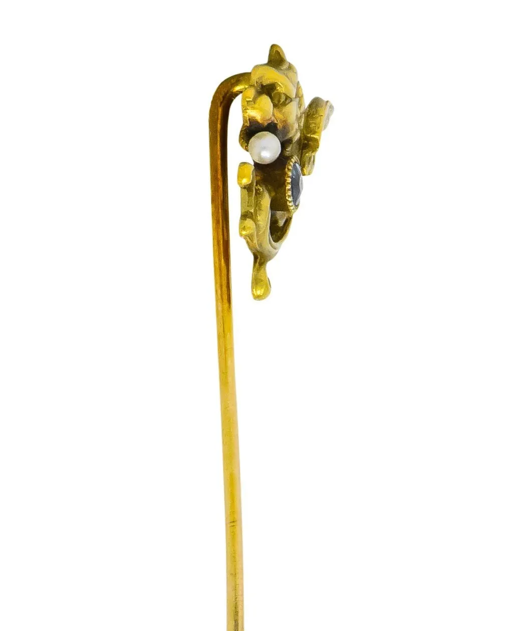 Art Nouveau Sapphire Seed Pearl 14 Karat Gold Winged Griffin Stickpin