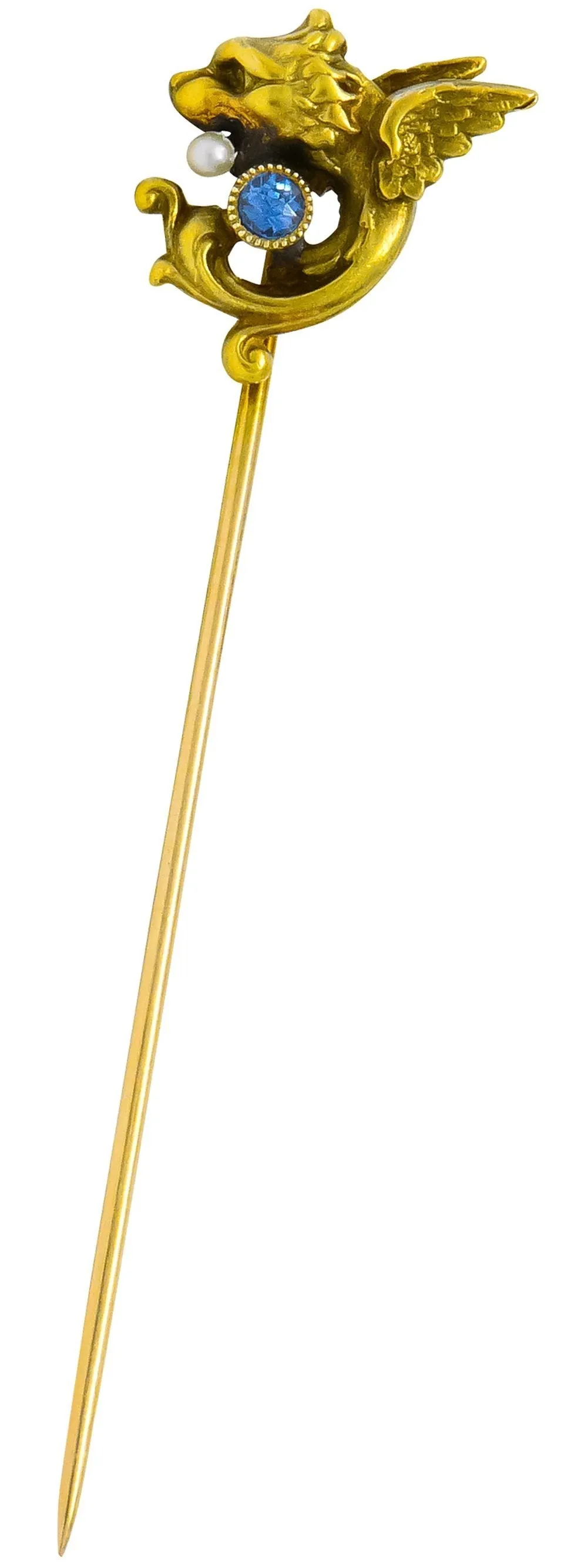 Art Nouveau Sapphire Seed Pearl 14 Karat Gold Winged Griffin Stickpin