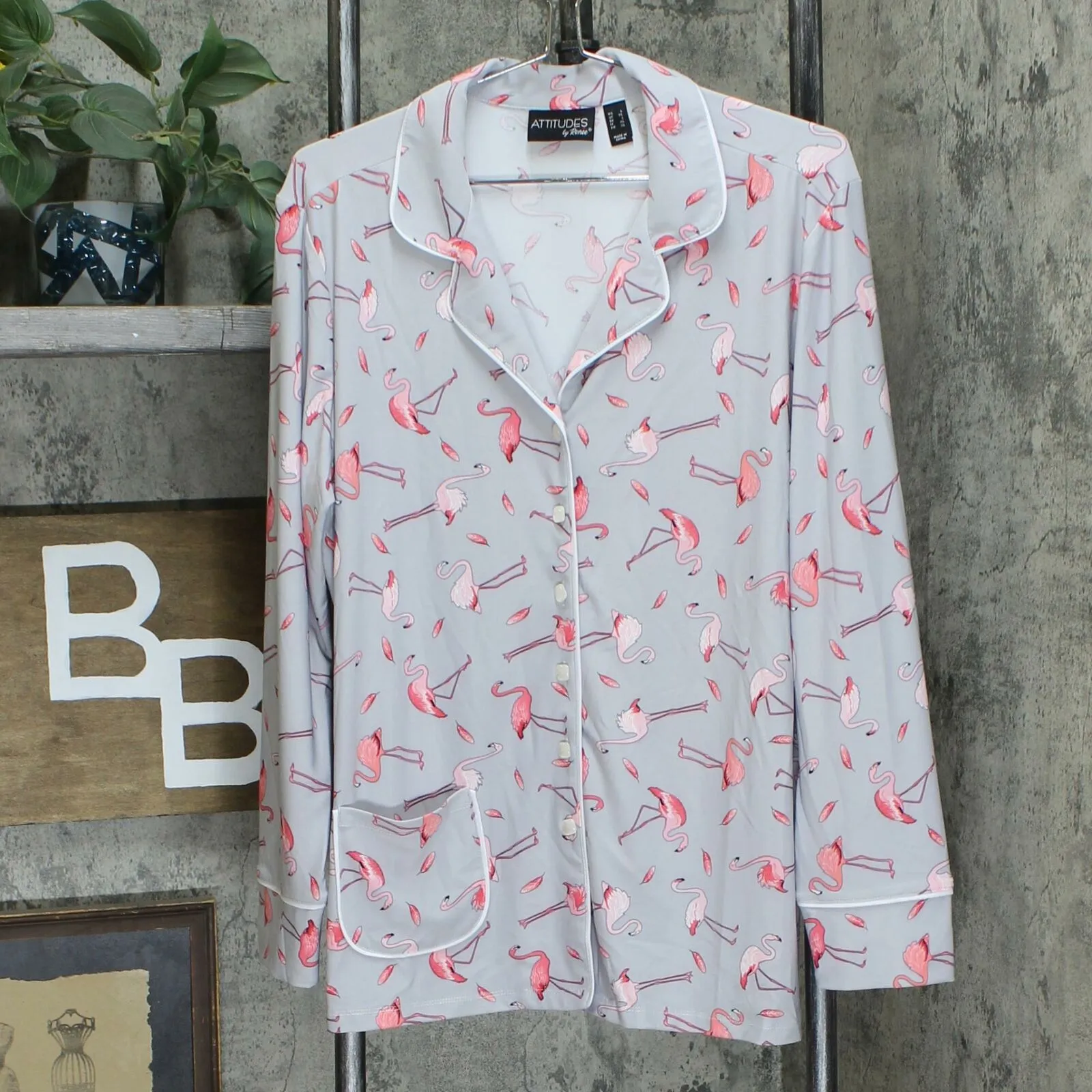 Attitudes by Renee Como Jersey Button Front Pajama Top Flamingo Large