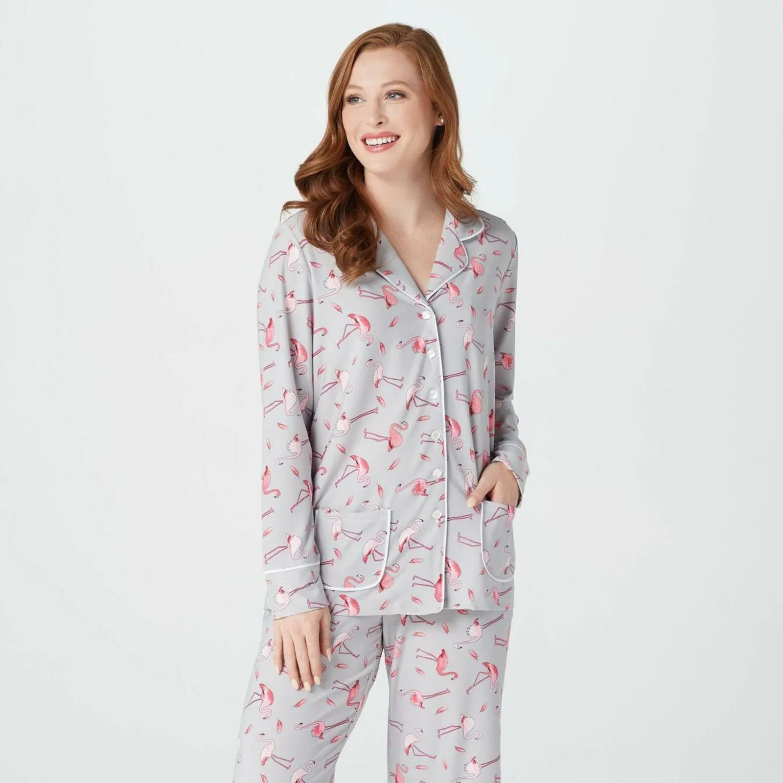 Attitudes by Renee Como Jersey Button Front Pajama Top Flamingo Large