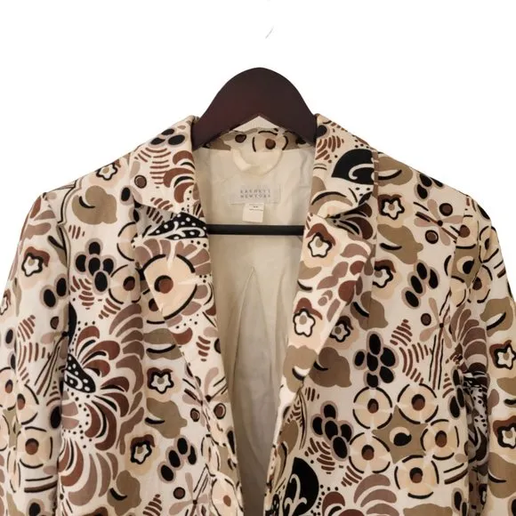 Barneys New York Italian Cotton Blazer Jacket Sz 42 US 8 White Brown Black Print
