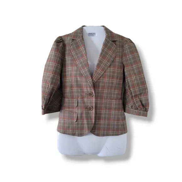BCBGMaxAzria | Cute Gray/Multi &quot;Nancy&quot; Plaid Short Puff Sleeve Blazer (SIZE S)